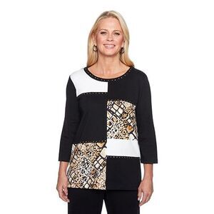 Alfred Dunner Travel Light Animal Color Block Knit 3/4 Sleeve Top - 3X